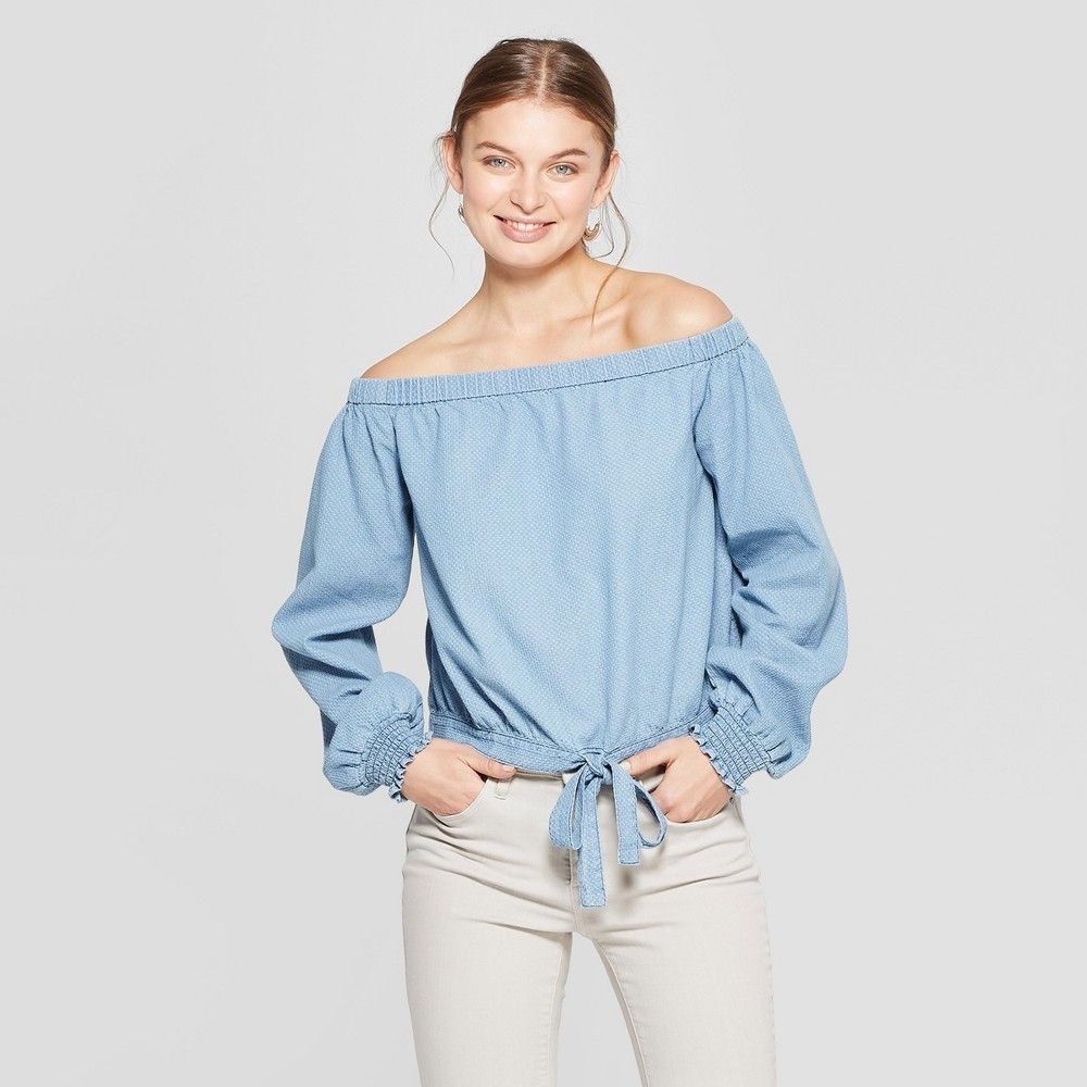 denim-colored off the shoulder front tie blouse